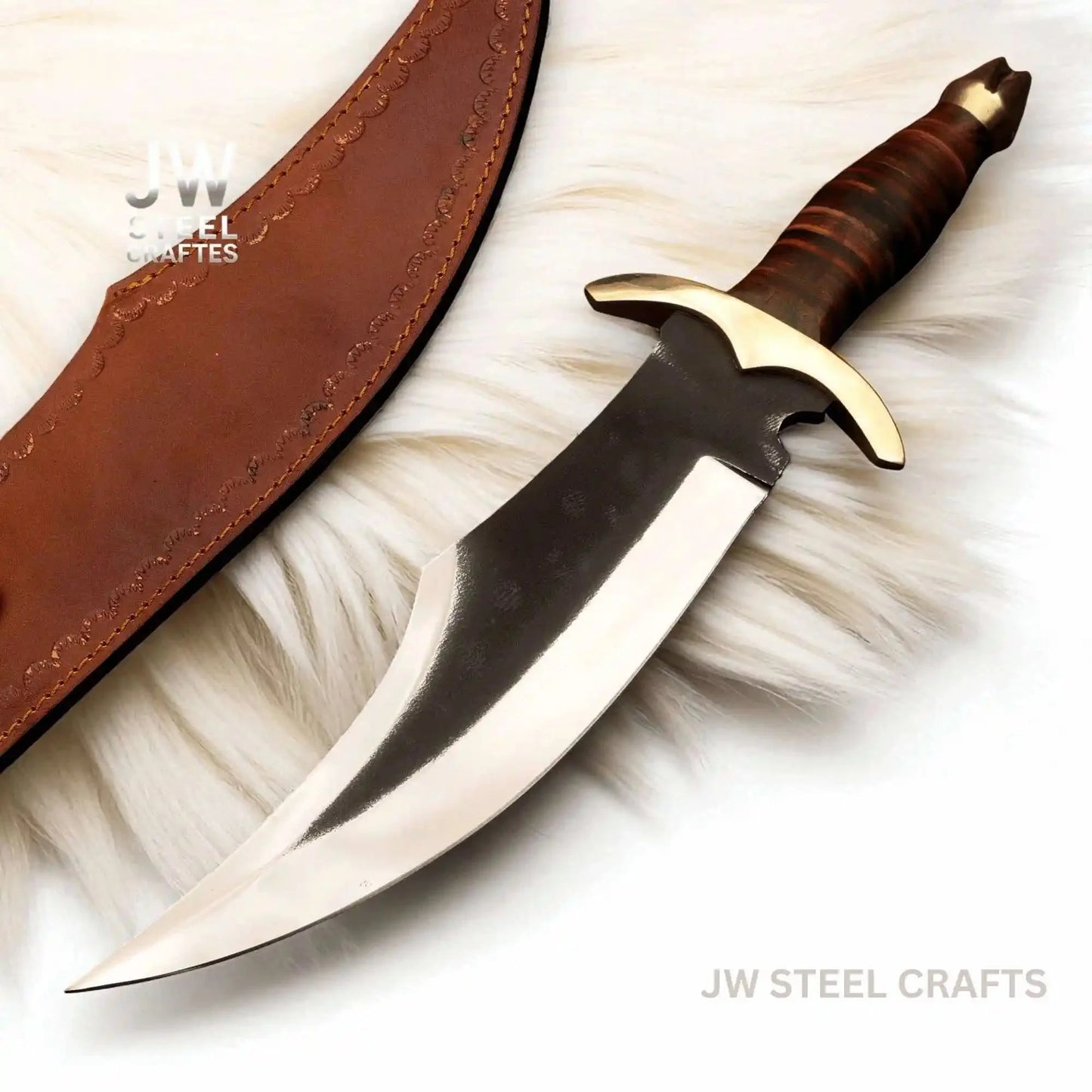 Handmade Frontier Bowie Knife - High Carbon Steel, Leather Handle, Brass Crossguard