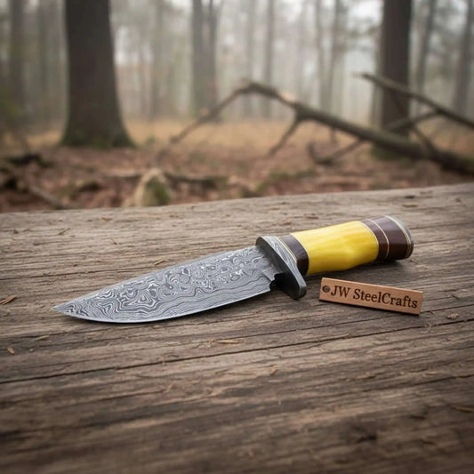 Frontier Clip Point Bowie Knife, Forged Damascus Steel with Colored Bone & Wood Spacer Handle