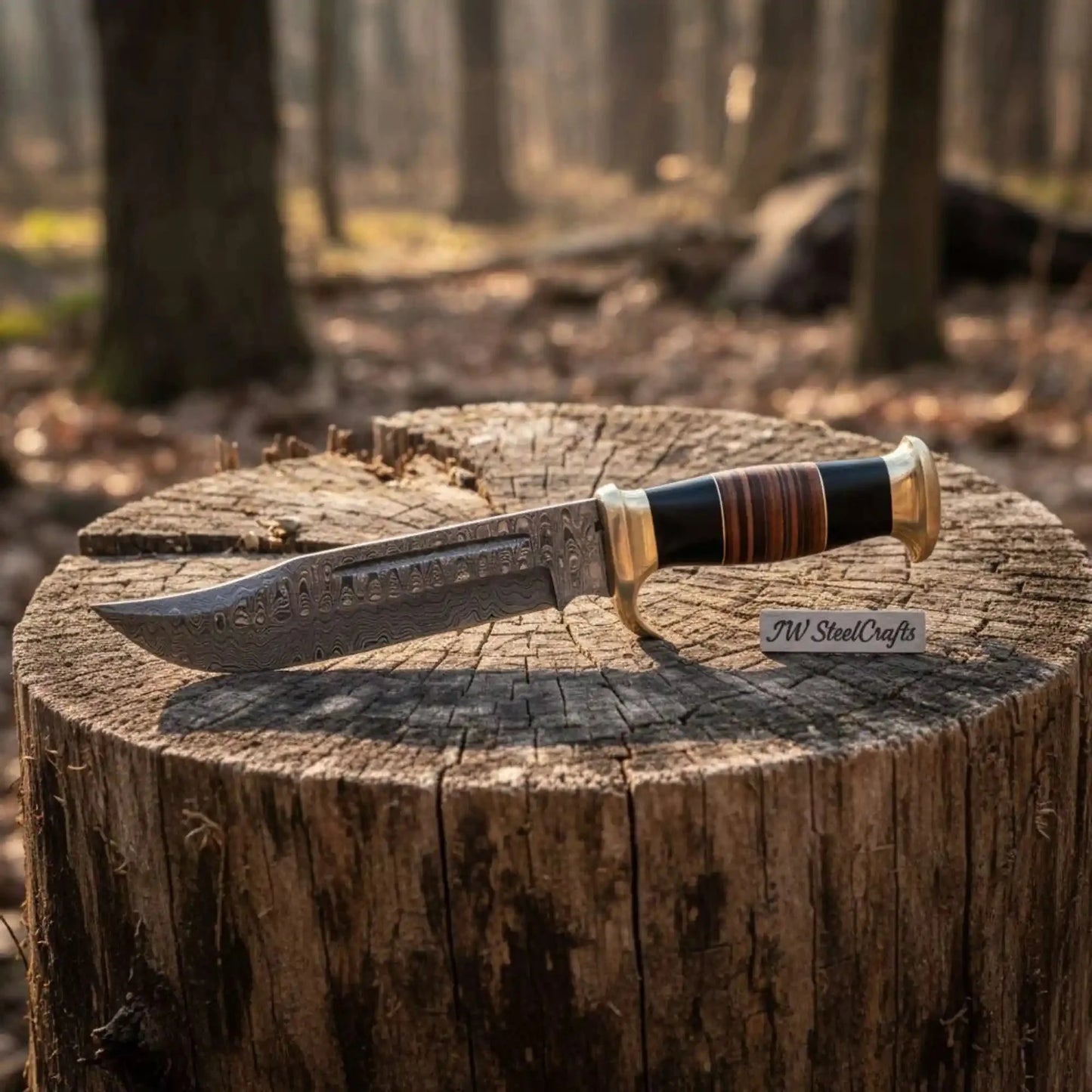 Hand Forged Damascus Steel Clip Point Bowie Knife with Stacked Wood Handle