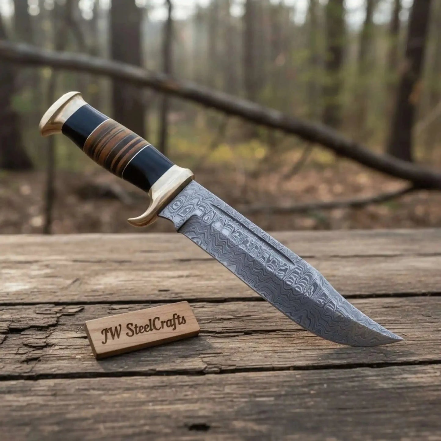 Hand Forged Damascus Steel Clip Point Bowie Knife with Stacked Wood Handle