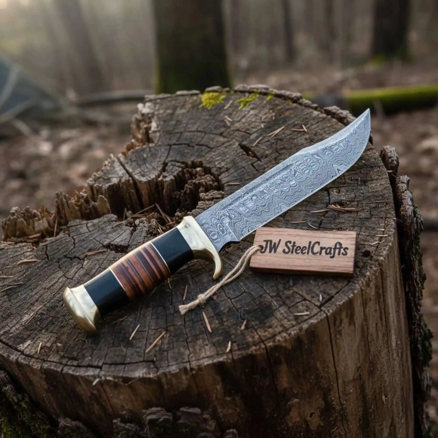 Hand Forged Damascus Steel Clip Point Bowie Knife with Stacked Wood Handle