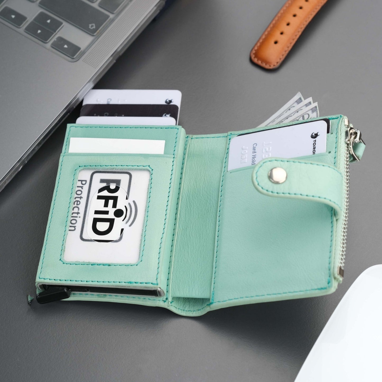 Glenrock Green Leather Pop-up Cardholder Wallet