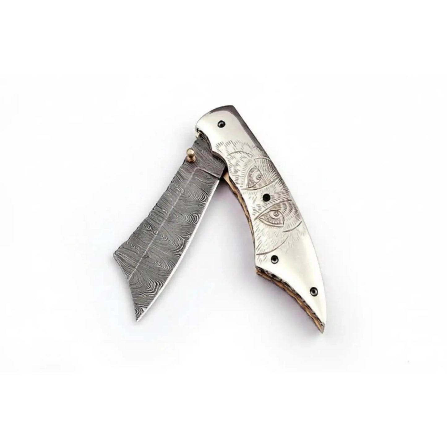 Hand Engraved Damascus Folding Knife with Skull Design & Brass Liners – Collector Pocket Knife