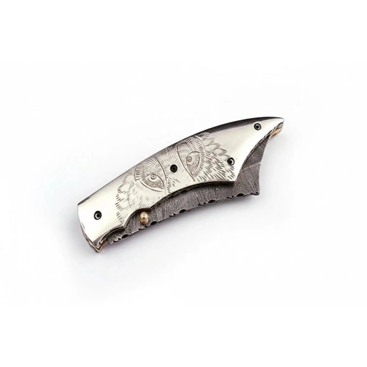 Hand Engraved Damascus Folding Knife with Skull Design & Brass Liners – Collector Pocket Knife