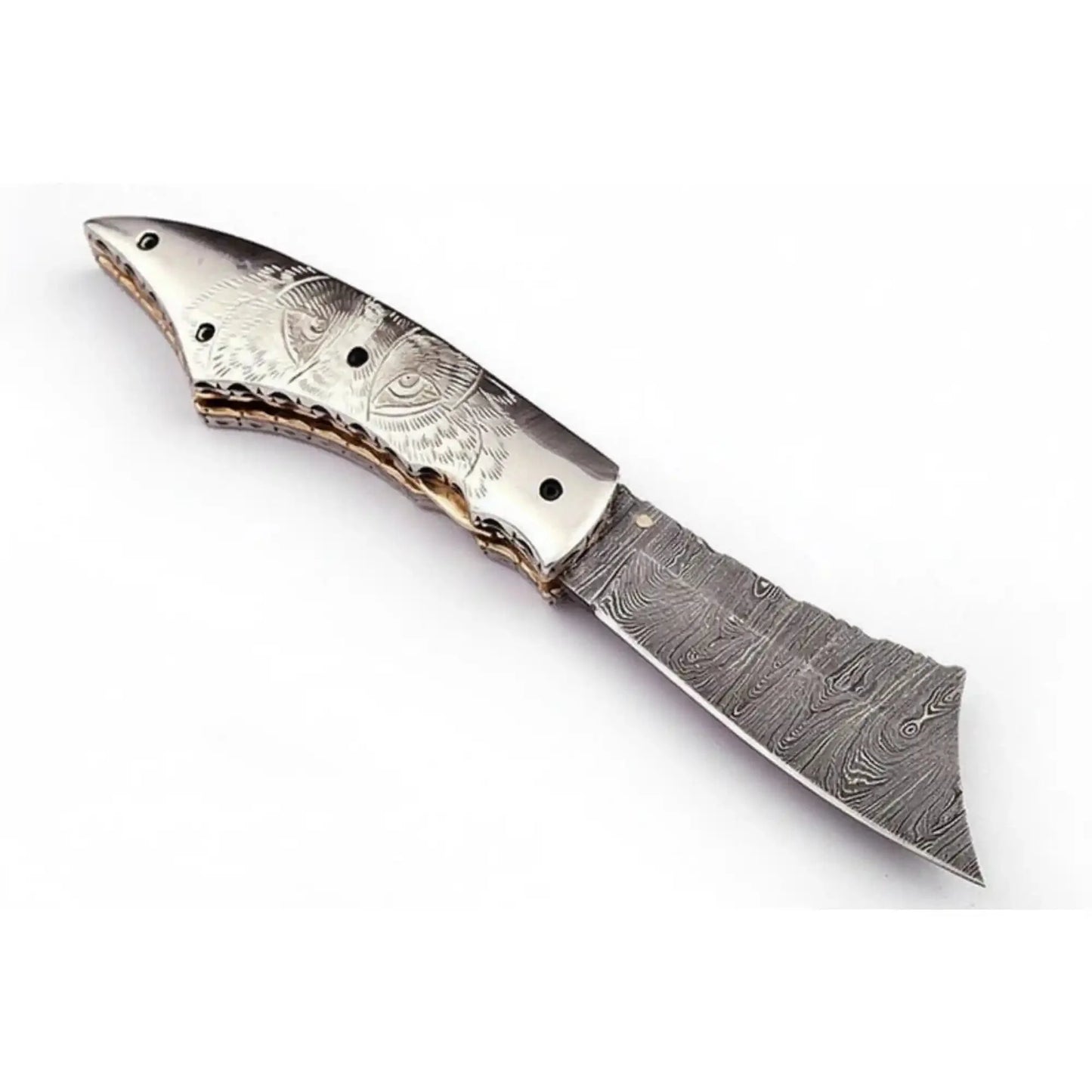 Hand Engraved Damascus Folding Knife with Skull Design & Brass Liners – Collector Pocket Knife