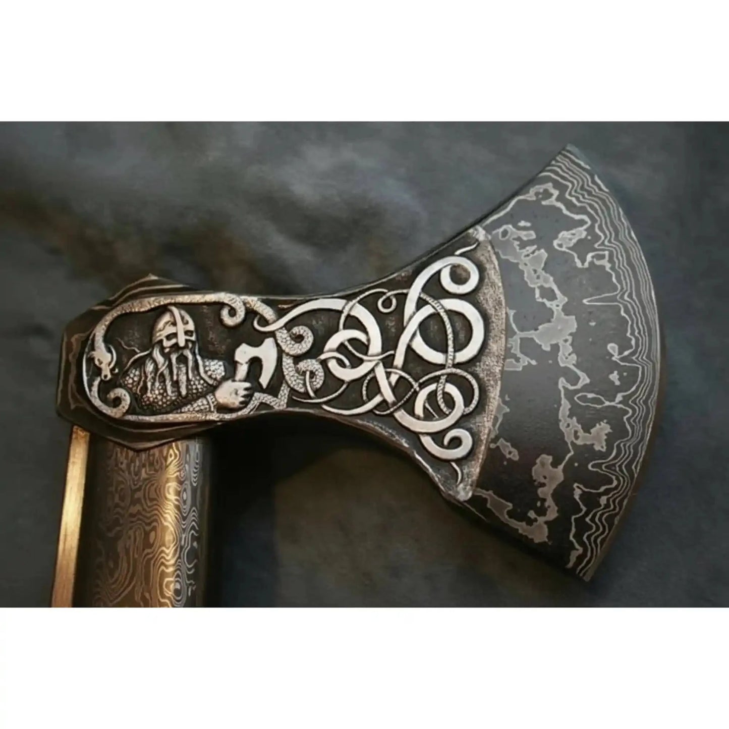 Hand Engraved Damascus Viking Axe with Carved Hardwood Handle and Matching Damascus Knife | Norse Collector Axe Set | JW SteelCrafts