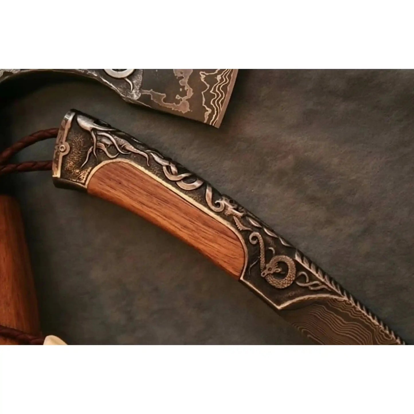 Hand Engraved Damascus Viking Axe with Carved Hardwood Handle and Matching Damascus Knife | Norse Collector Axe Set | JW SteelCrafts