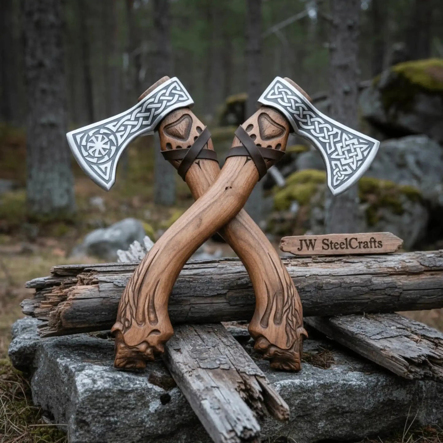 Hand Engraved Norse Viking Bearded Axe Set – Celtic Knot Steel Heads with Carved Hardwood Handles