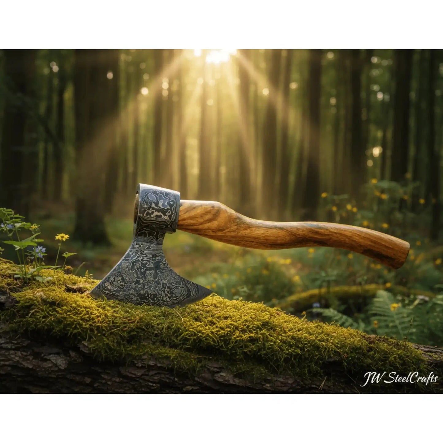 Hand Engraved Norse Viking Bearded Axe with Damascus Steel Blade and Carved Hardwood Handle | JW SteelCrafts