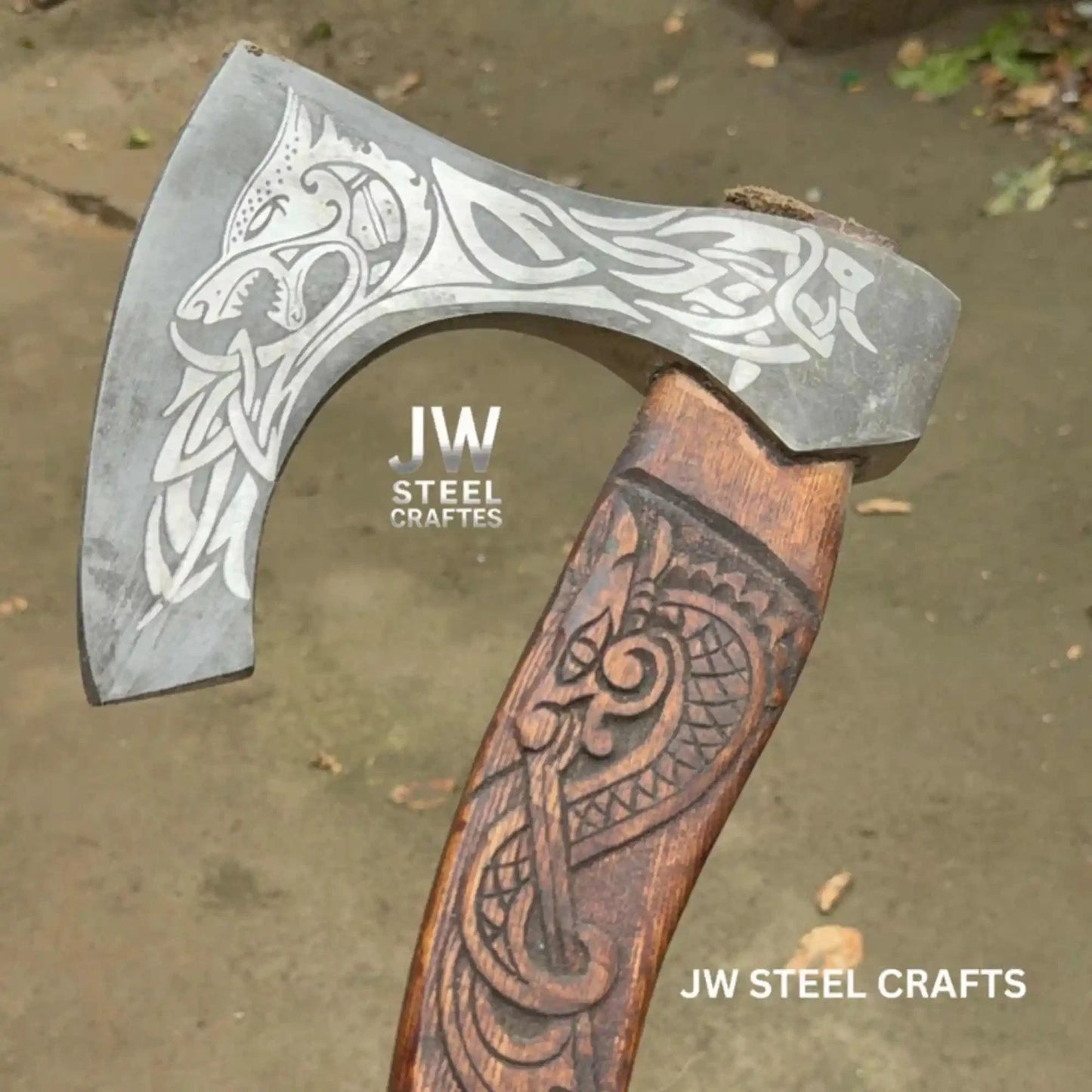 Hand-Engraved Viking Bearded Axe with Carved Hardwood Handle – Damascus Steel Blade | JW SteelCrafts