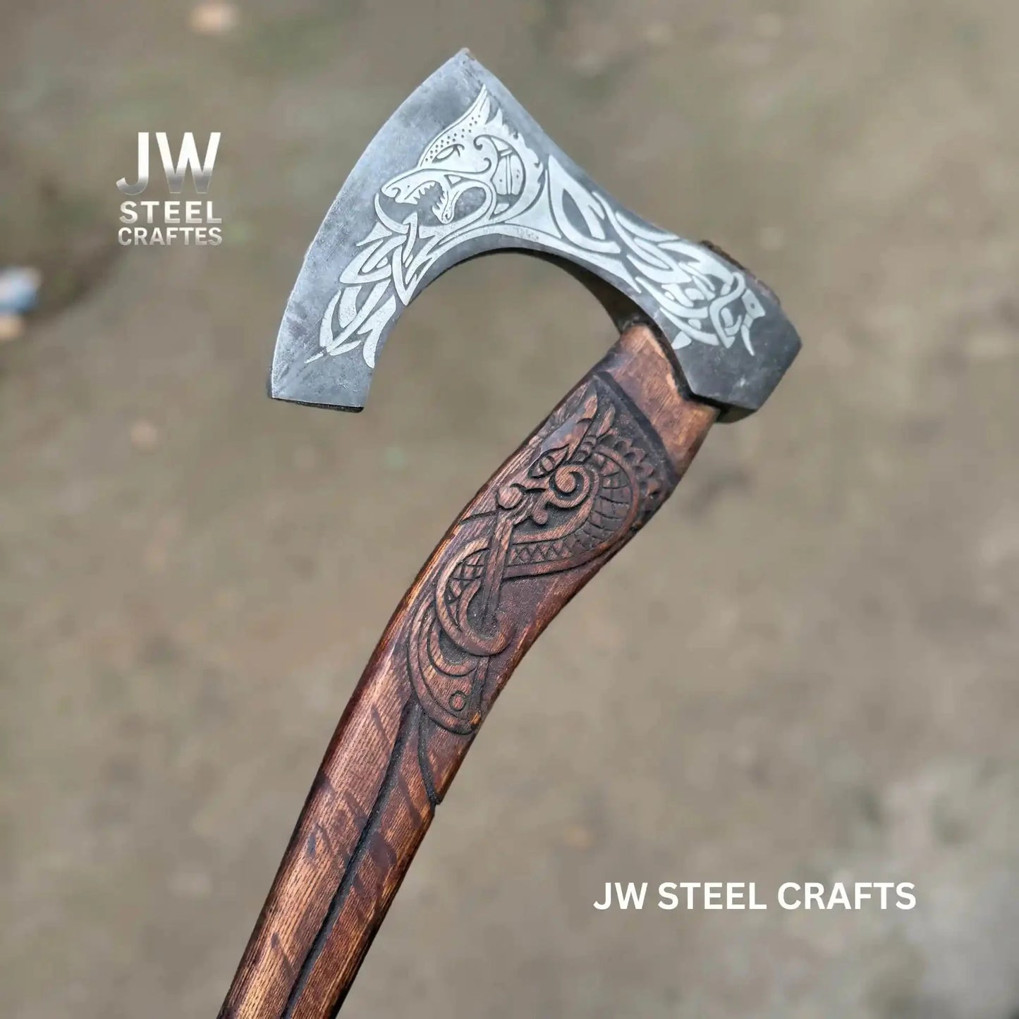 Hand-Engraved Viking Bearded Axe with Carved Hardwood Handle – Damascus Steel Blade | JW SteelCrafts