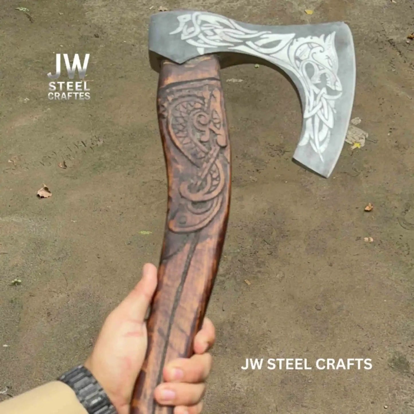 Hand-Engraved Viking Bearded Axe with Carved Hardwood Handle – Damascus Steel Blade | JW SteelCrafts
