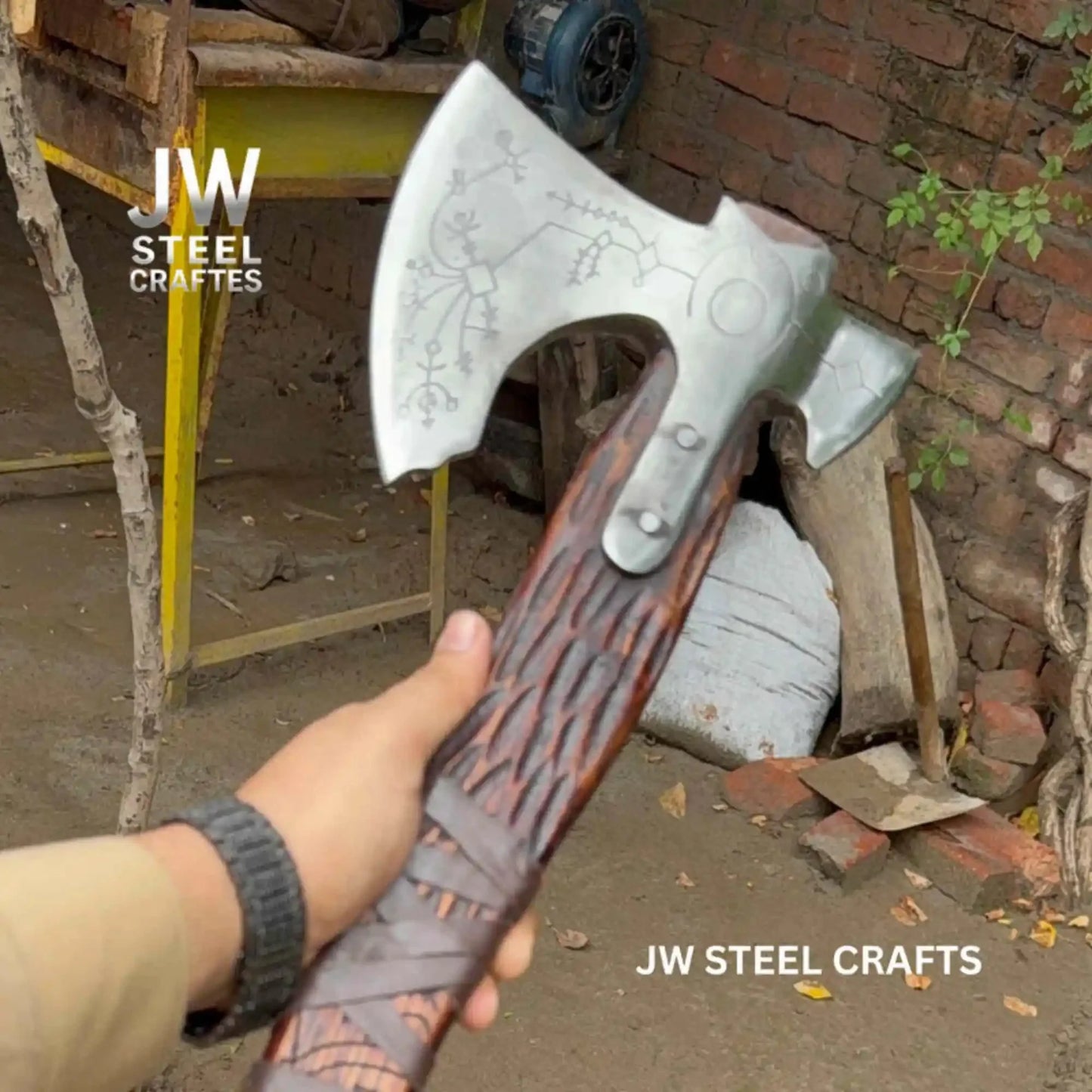 Hand Forged Viking Double-Bit Carbon Steel Axe with Norse Rune Etching and Engraved Hardwood Handle