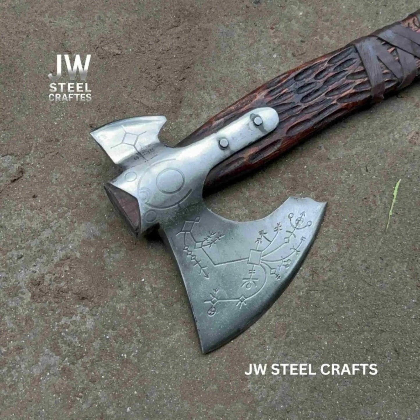 Hand Forged Viking Double-Bit Carbon Steel Axe with Norse Rune Etching and Engraved Hardwood Handle