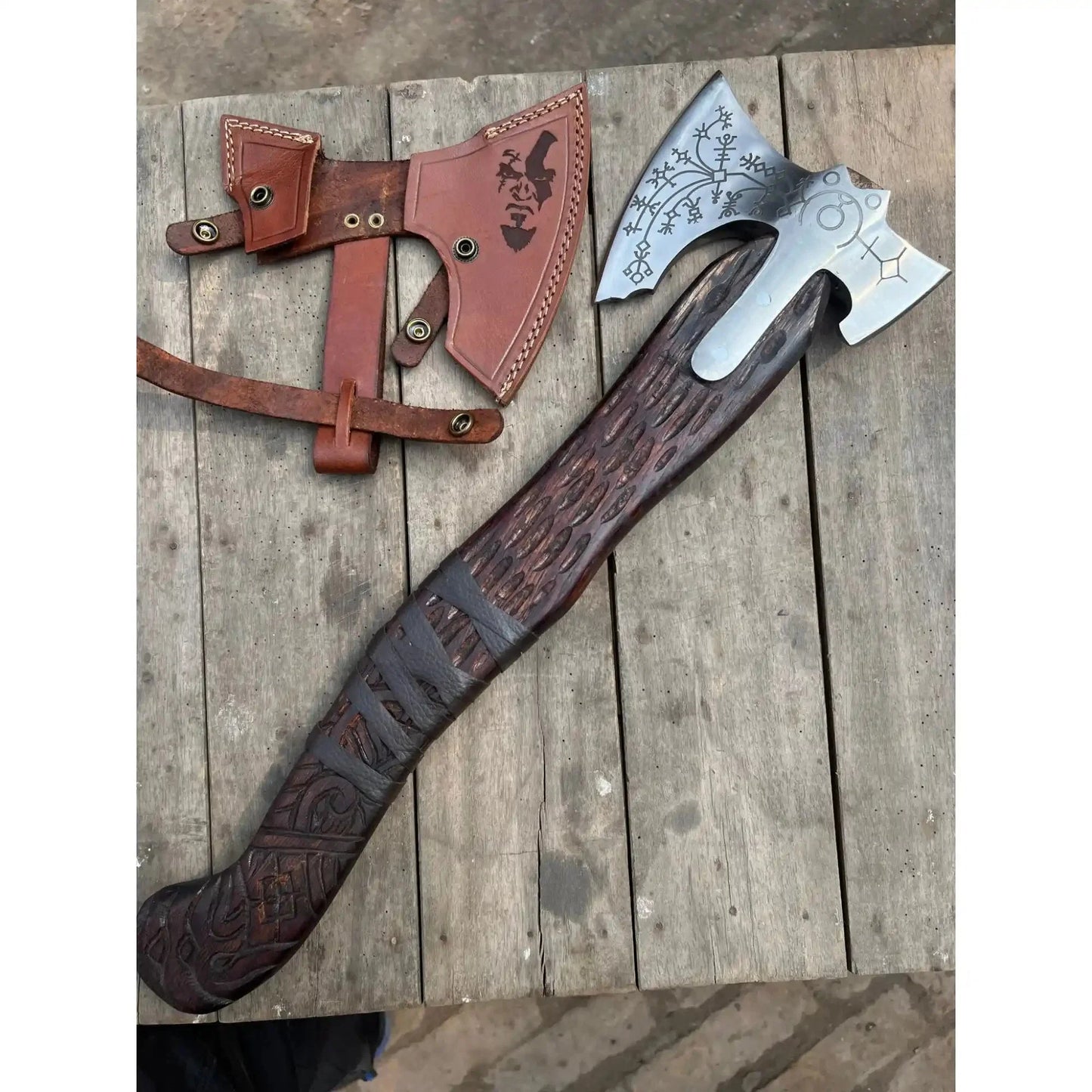Hand Forged Viking Double-Bit Carbon Steel Axe with Norse Rune Etching and Engraved Hardwood Handle