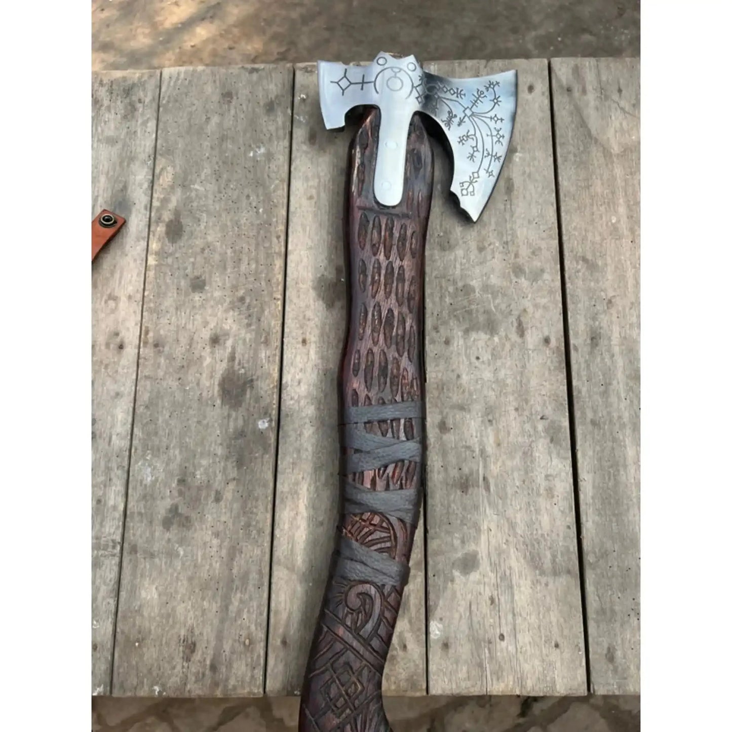 Hand Forged Viking Double-Bit Carbon Steel Axe with Norse Rune Etching and Engraved Hardwood Handle