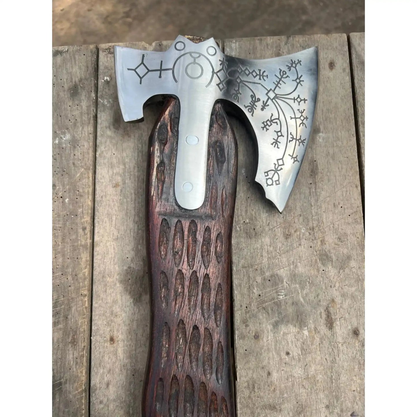 Hand Forged Viking Double-Bit Carbon Steel Axe with Norse Rune Etching and Engraved Hardwood Handle