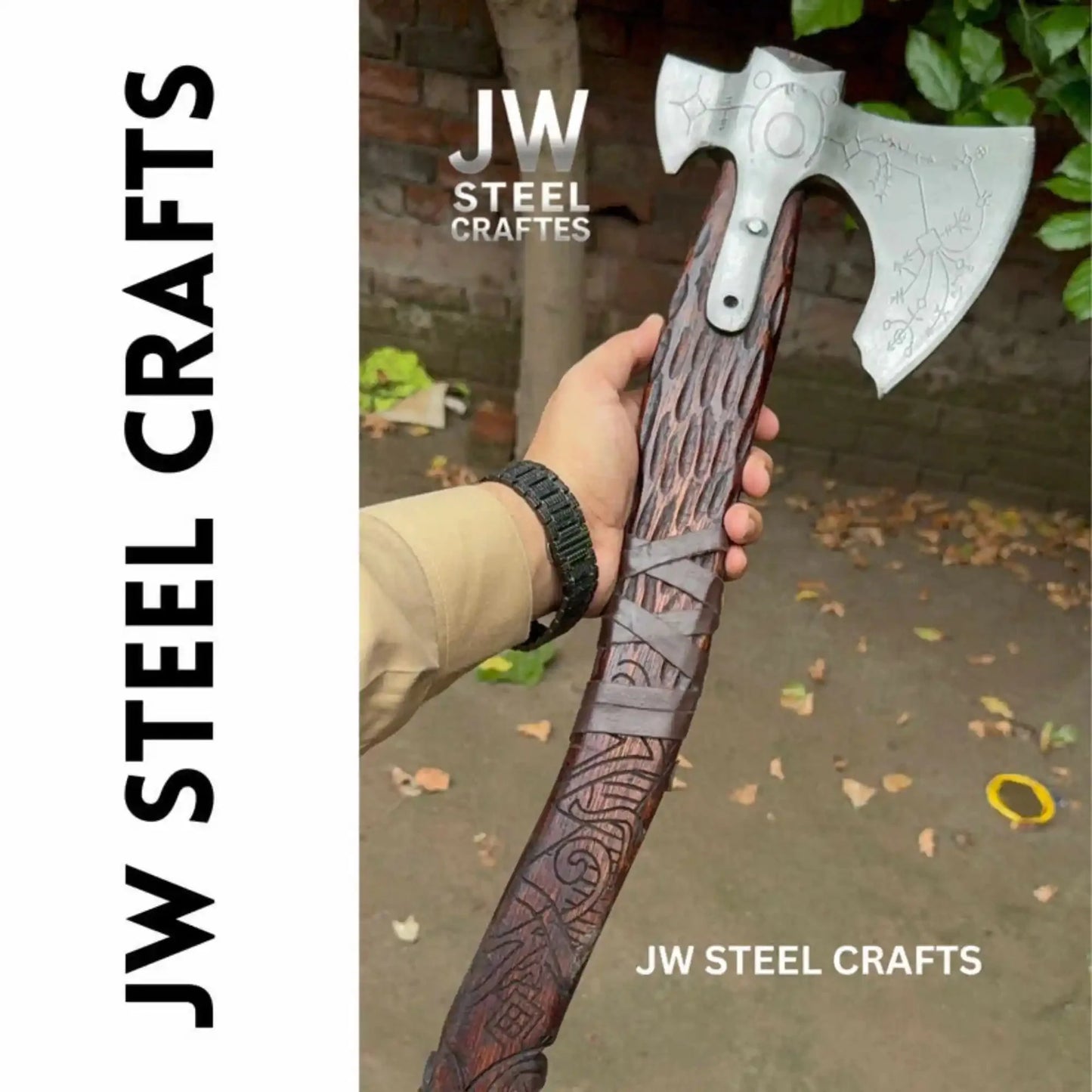 Hand Forged Viking Double-Bit Carbon Steel Axe with Norse Rune Etching and Engraved Hardwood Handle