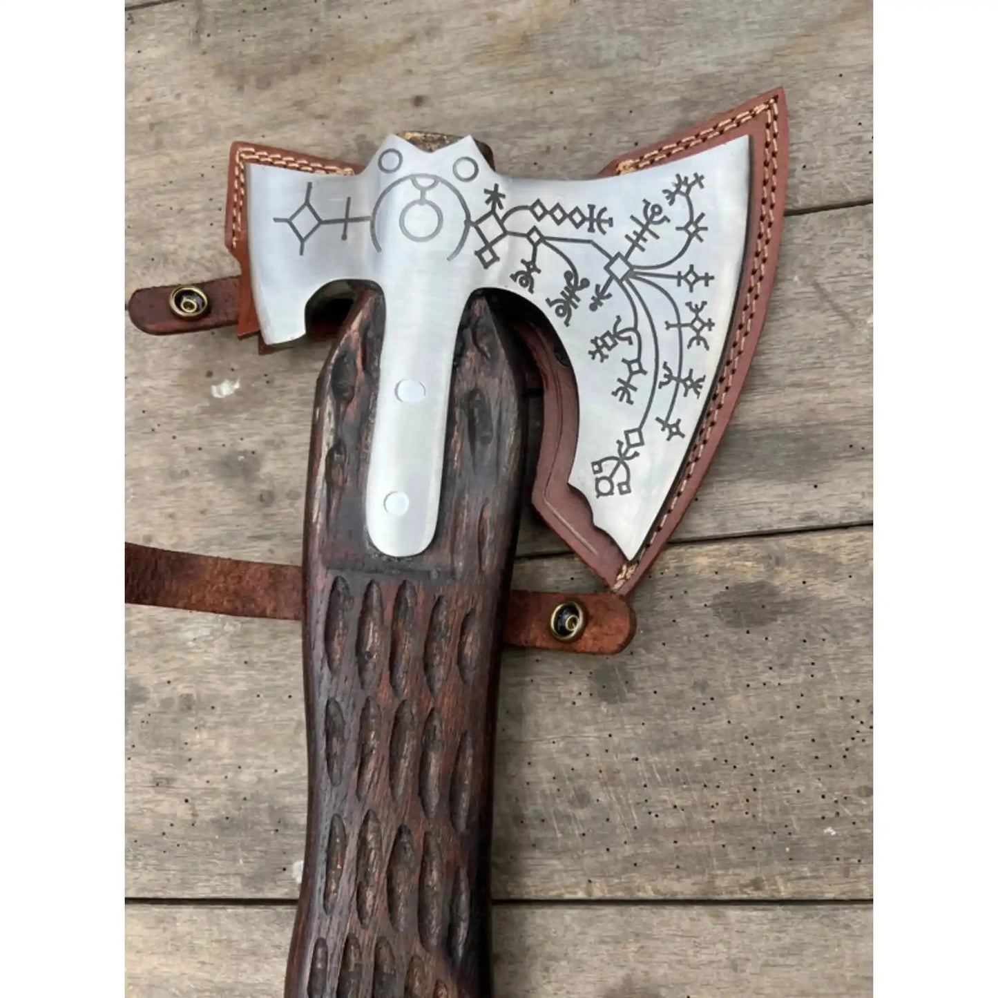 Hand Forged Viking Double-Bit Carbon Steel Axe with Norse Rune Etching and Engraved Hardwood Handle