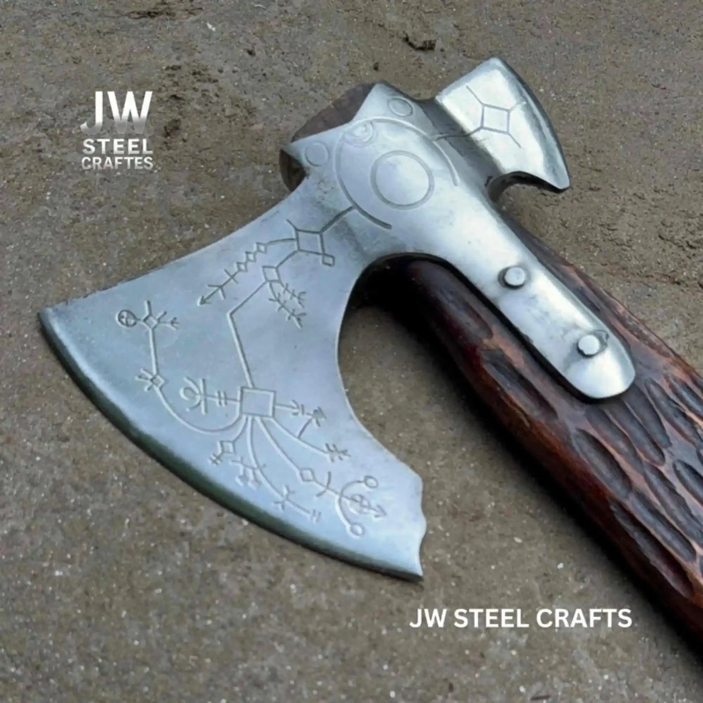 Hand Forged Viking Double-Bit Carbon Steel Axe with Norse Rune Etching and Engraved Hardwood Handle