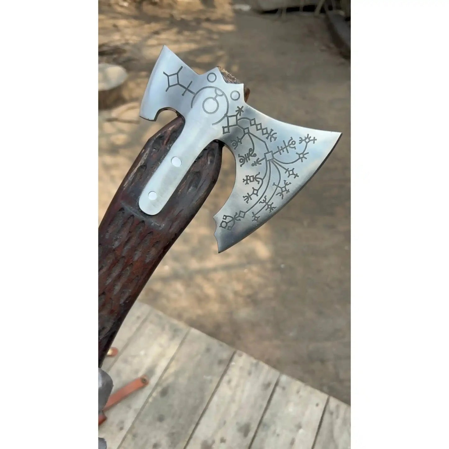 Hand Forged Viking Double-Bit Carbon Steel Axe with Norse Rune Etching and Engraved Hardwood Handle