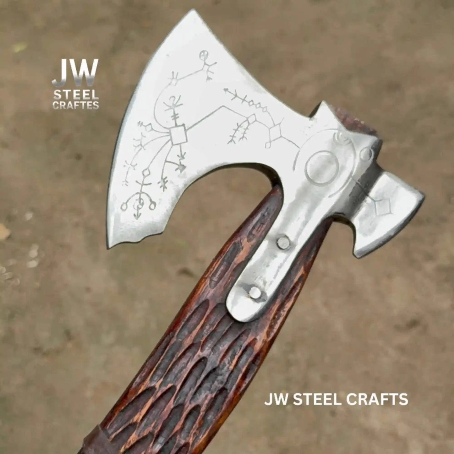 Hand Forged Viking Double-Bit Carbon Steel Axe with Norse Rune Etching and Engraved Hardwood Handle