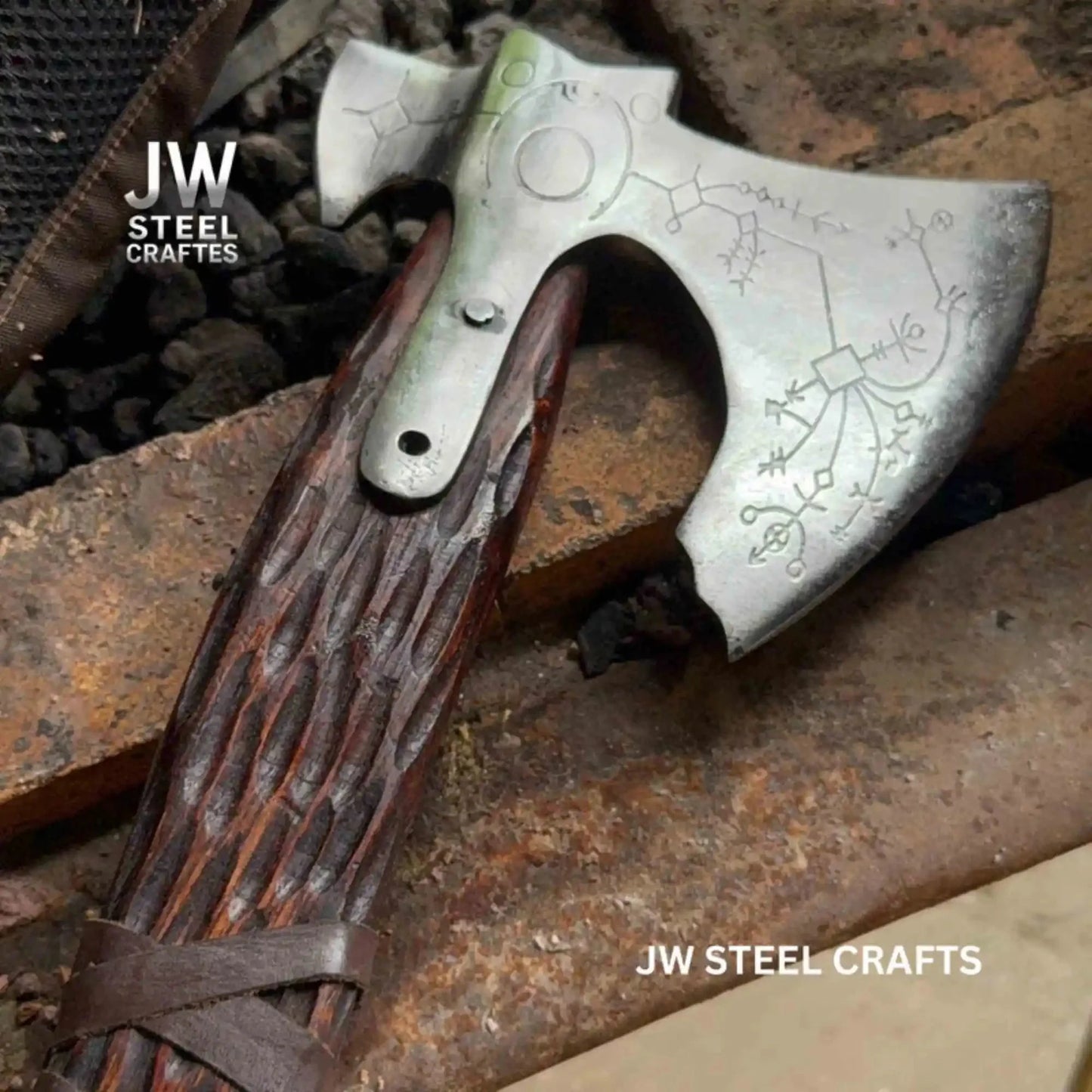Hand Forged Viking Double-Bit Carbon Steel Axe with Norse Rune Etching and Engraved Hardwood Handle