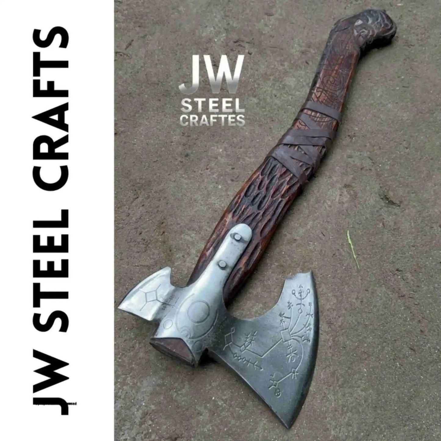 Hand Forged Viking Double-Bit Carbon Steel Axe with Norse Rune Etching and Engraved Hardwood Handle