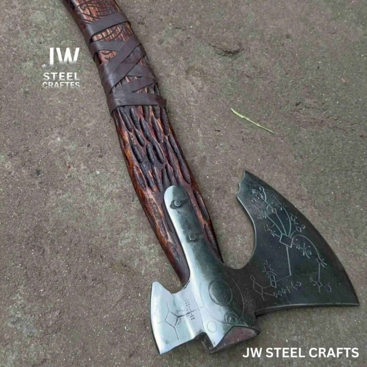 Hand Forged Viking Double-Bit Carbon Steel Axe with Norse Rune Etching and Engraved Hardwood Handle