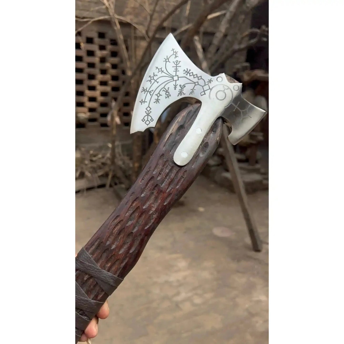 Hand Forged Viking Double-Bit Carbon Steel Axe with Norse Rune Etching and Engraved Hardwood Handle