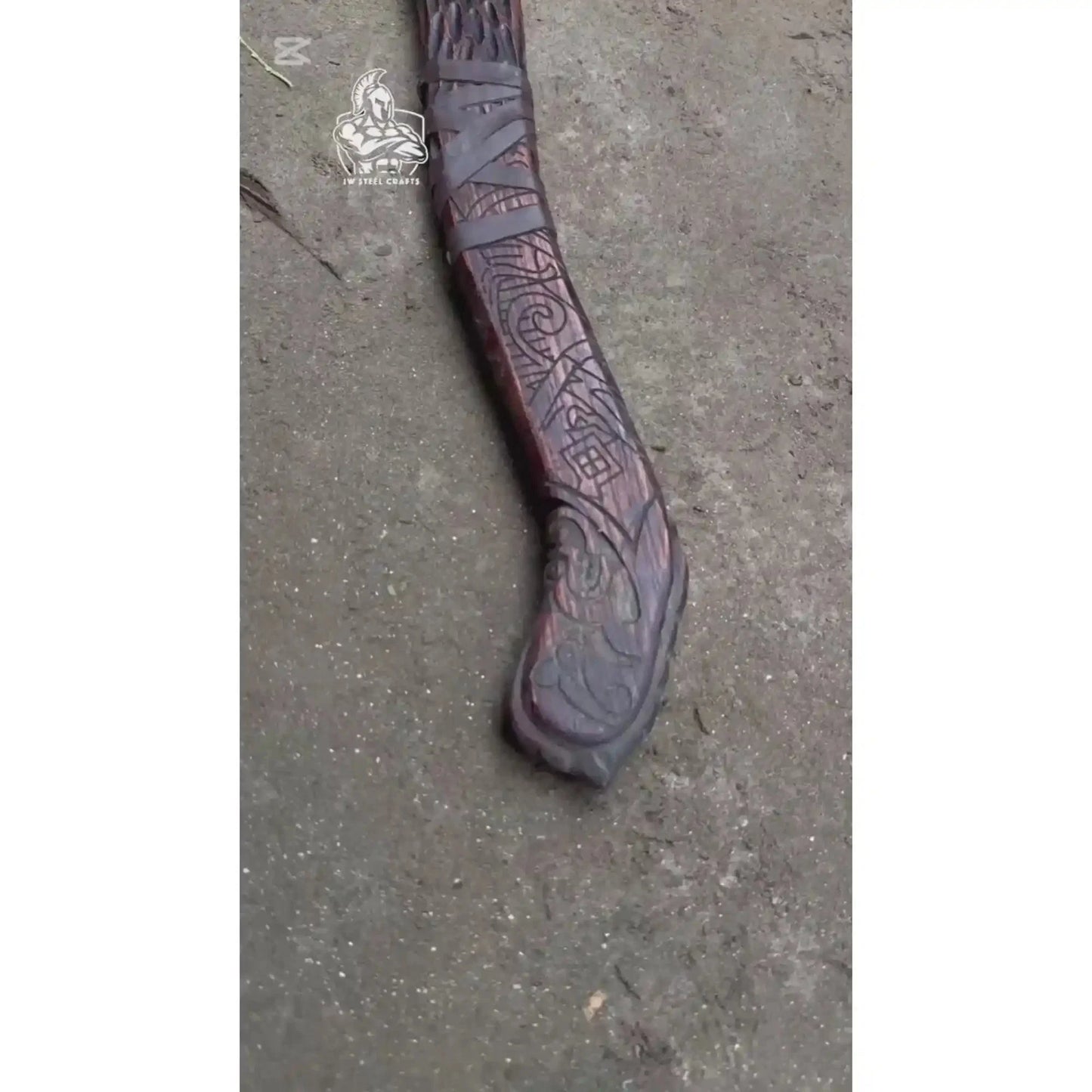 Hand Forged Viking Double-Bit Carbon Steel Axe with Norse Rune Etching and Engraved Hardwood Handle
