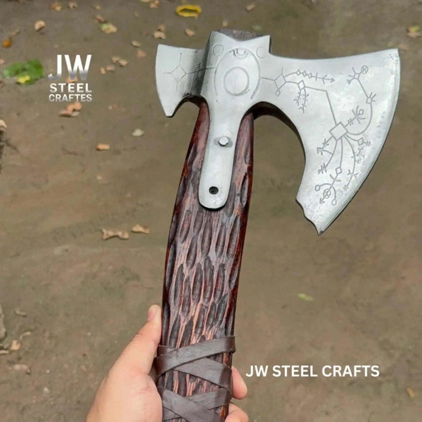 Hand Forged Viking Double-Bit Carbon Steel Axe with Norse Rune Etching and Engraved Hardwood Handle