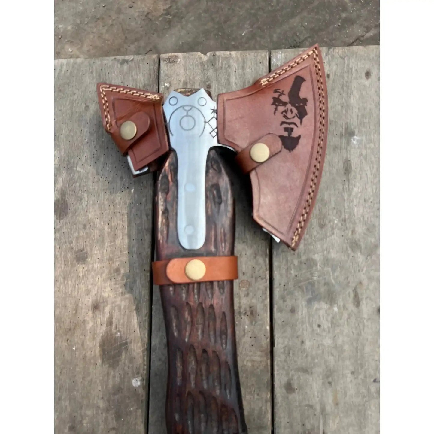 Hand Forged Viking Double-Bit Carbon Steel Axe with Norse Rune Etching and Engraved Hardwood Handle