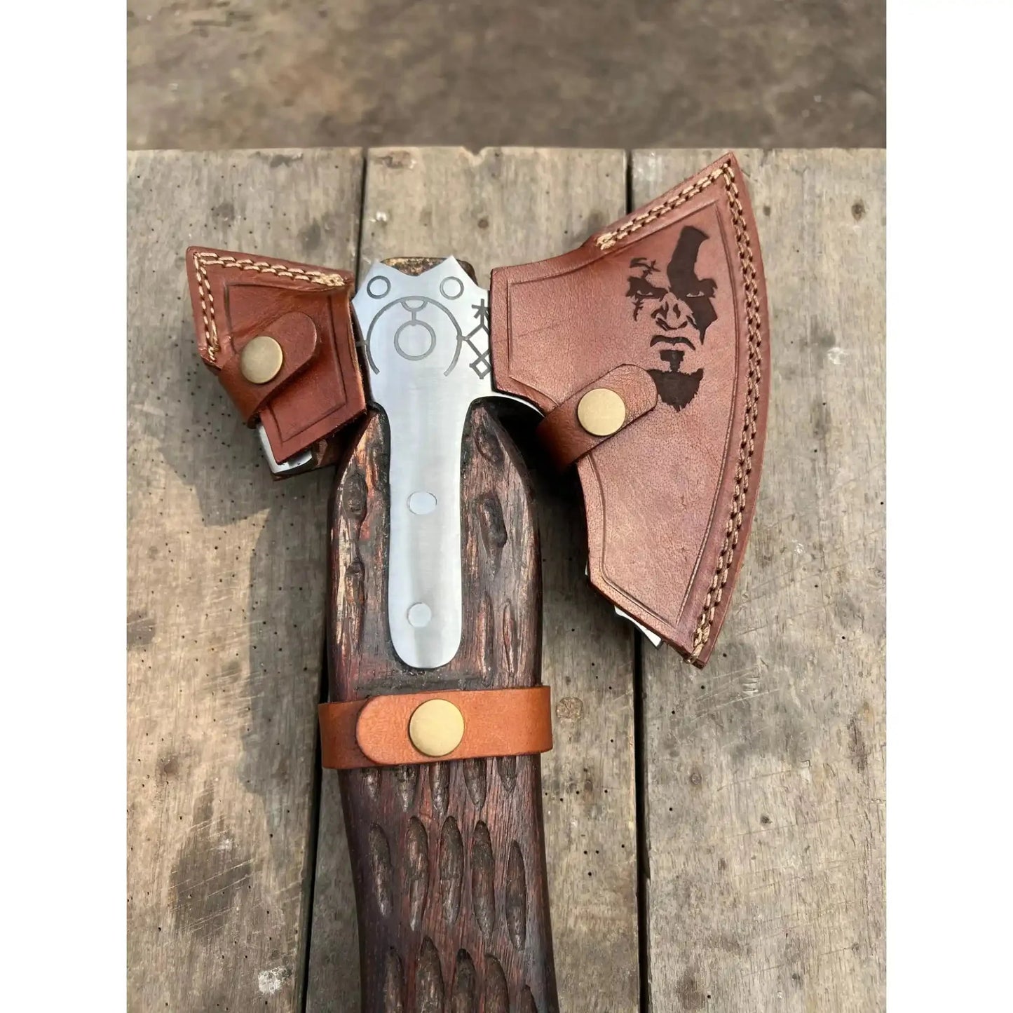 Hand Forged Viking Double-Bit Carbon Steel Axe with Norse Rune Etching and Engraved Hardwood Handle