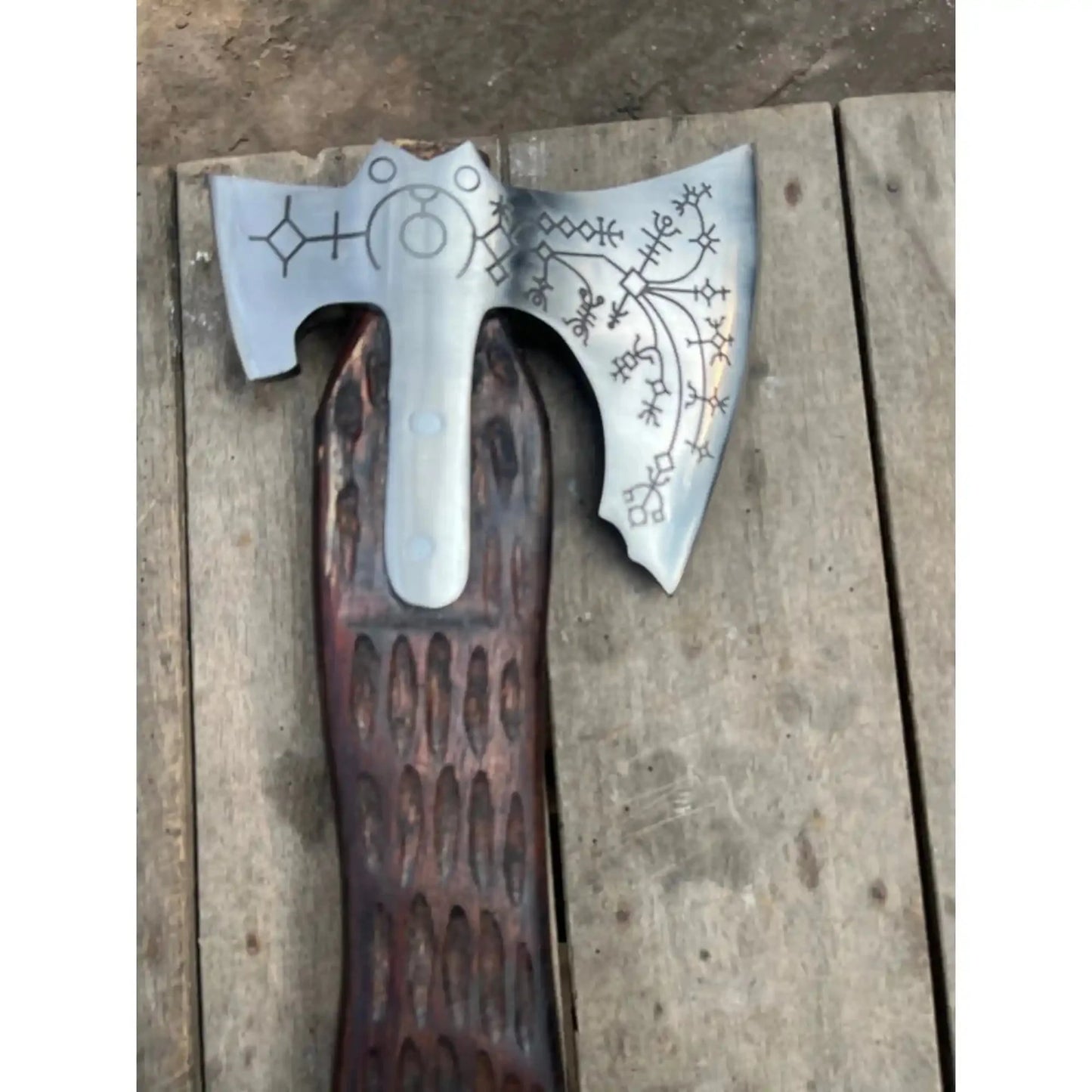 Hand Forged Viking Double-Bit Carbon Steel Axe with Norse Rune Etching and Engraved Hardwood Handle