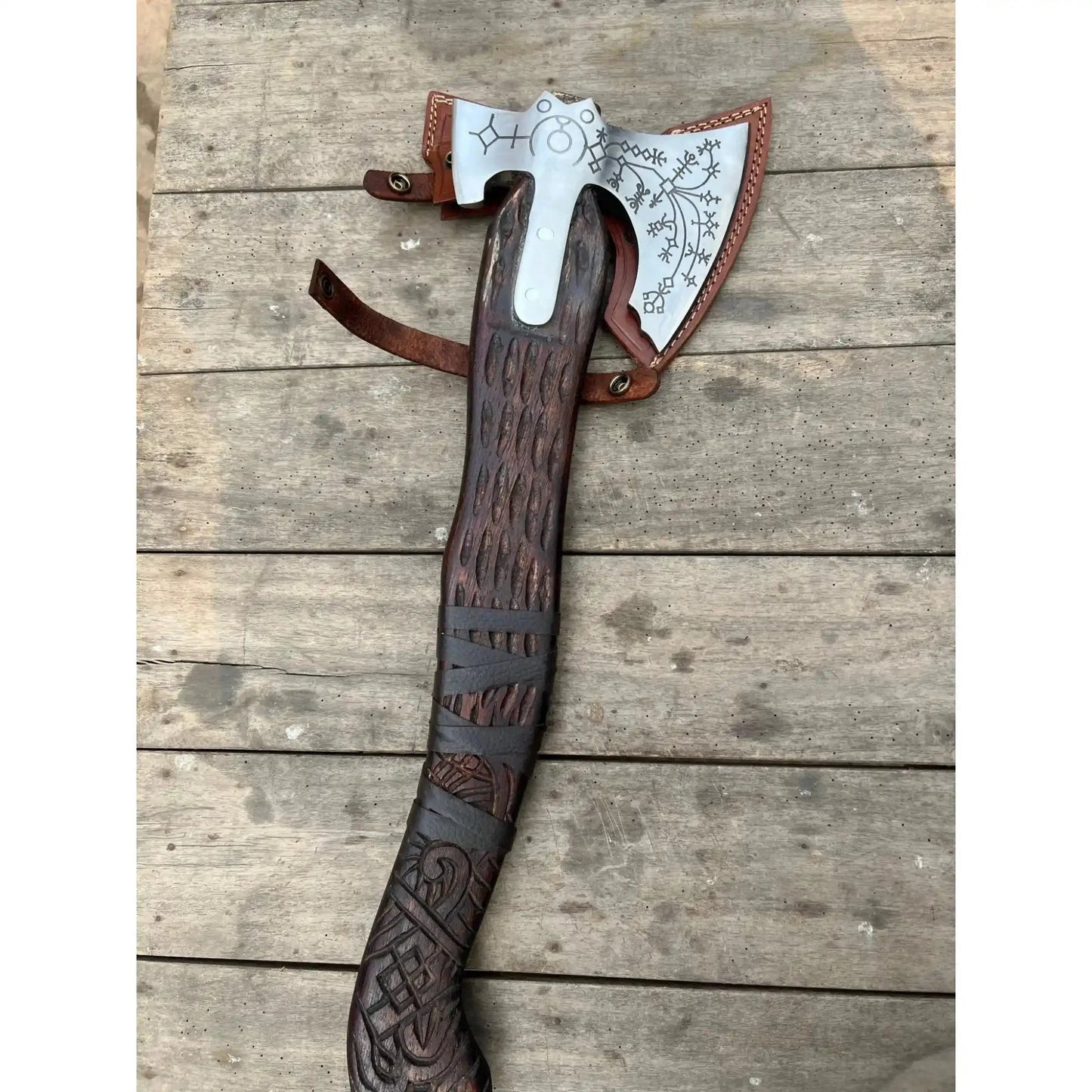 Hand Forged Viking Double-Bit Carbon Steel Axe with Norse Rune Etching and Engraved Hardwood Handle
