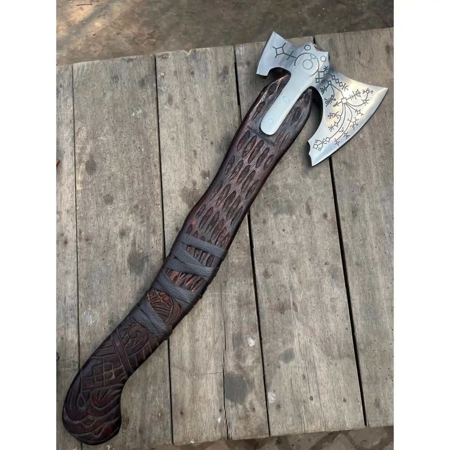 Hand Forged Viking Double-Bit Carbon Steel Axe with Norse Rune Etching and Engraved Hardwood Handle