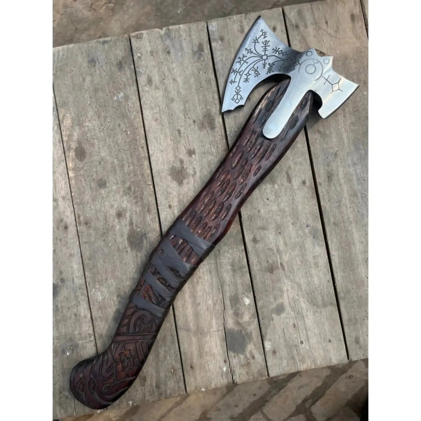 Hand Forged Viking Double-Bit Carbon Steel Axe with Norse Rune Etching and Engraved Hardwood Handle