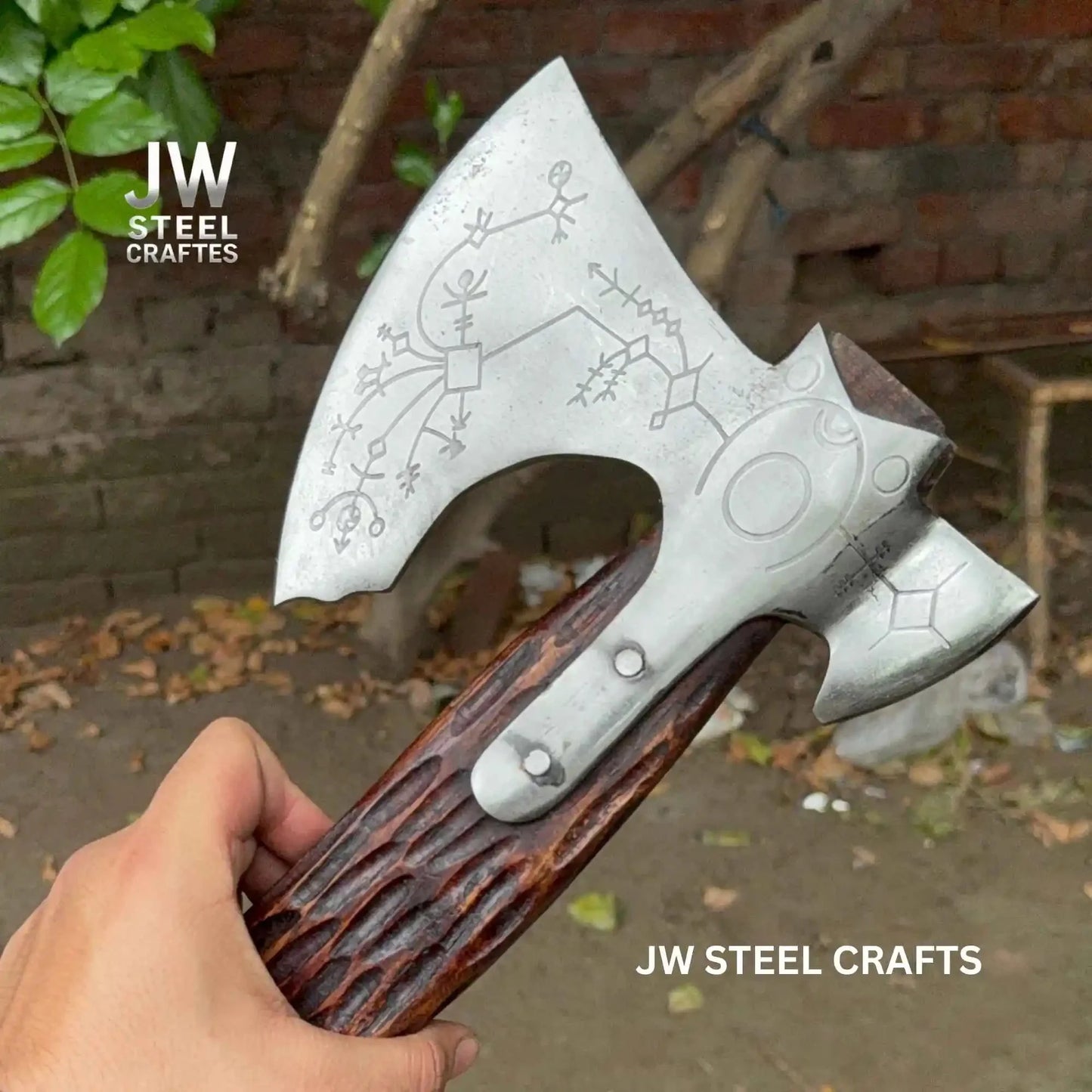Hand Forged Viking Double-Bit Carbon Steel Axe with Norse Rune Etching and Engraved Hardwood Handle