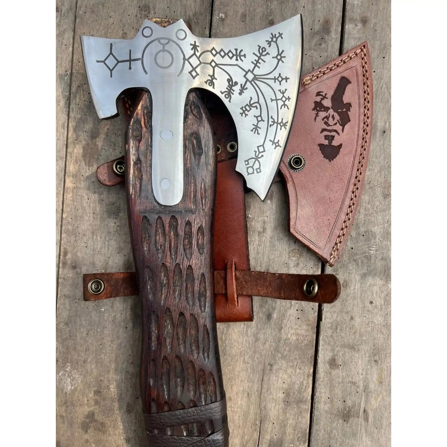 Hand Forged Viking Double-Bit Carbon Steel Axe with Norse Rune Etching and Engraved Hardwood Handle