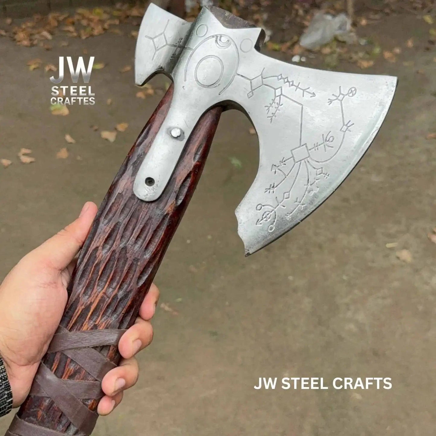 Hand Forged Viking Double-Bit Carbon Steel Axe with Norse Rune Etching and Engraved Hardwood Handle
