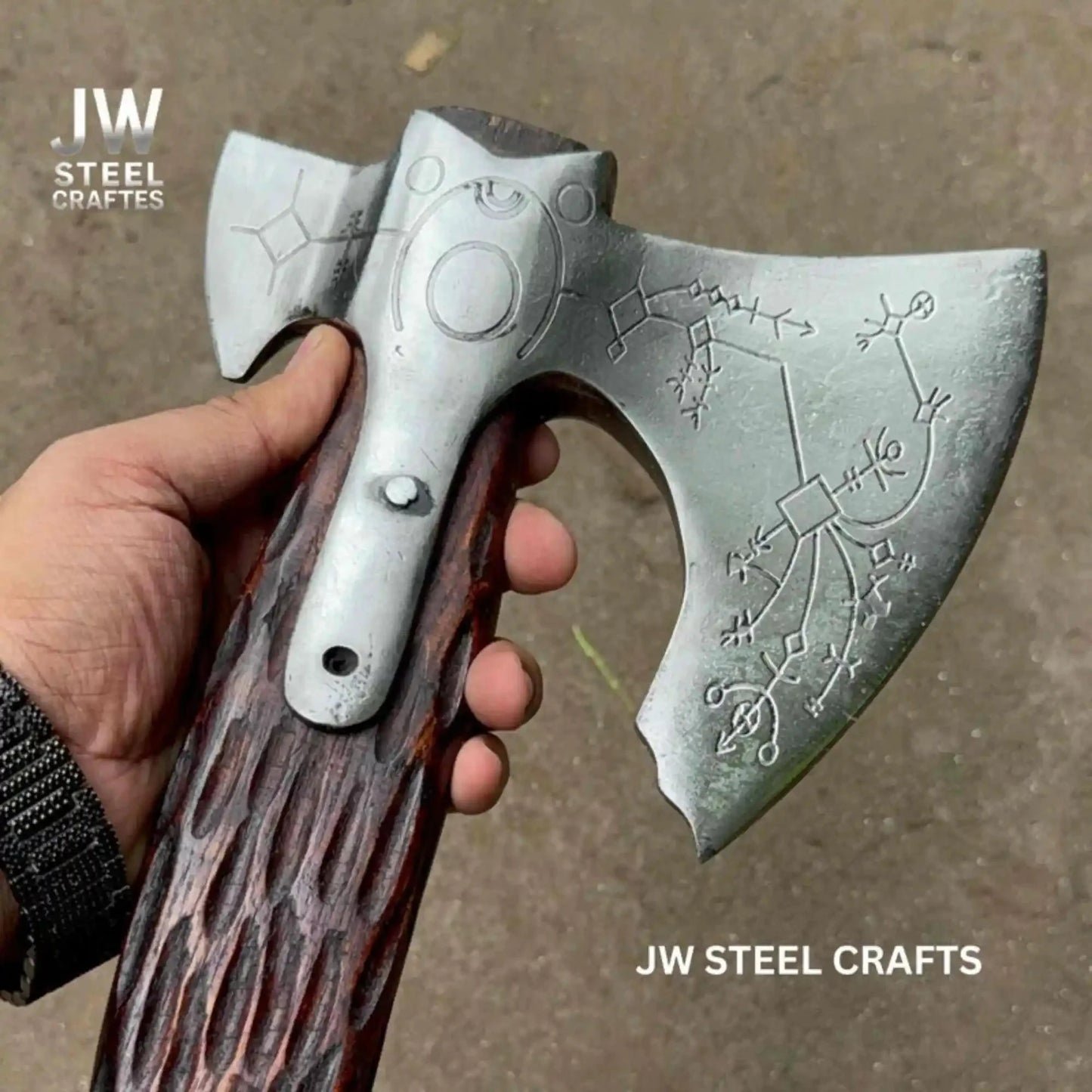 Hand Forged Viking Double-Bit Carbon Steel Axe with Norse Rune Etching and Engraved Hardwood Handle