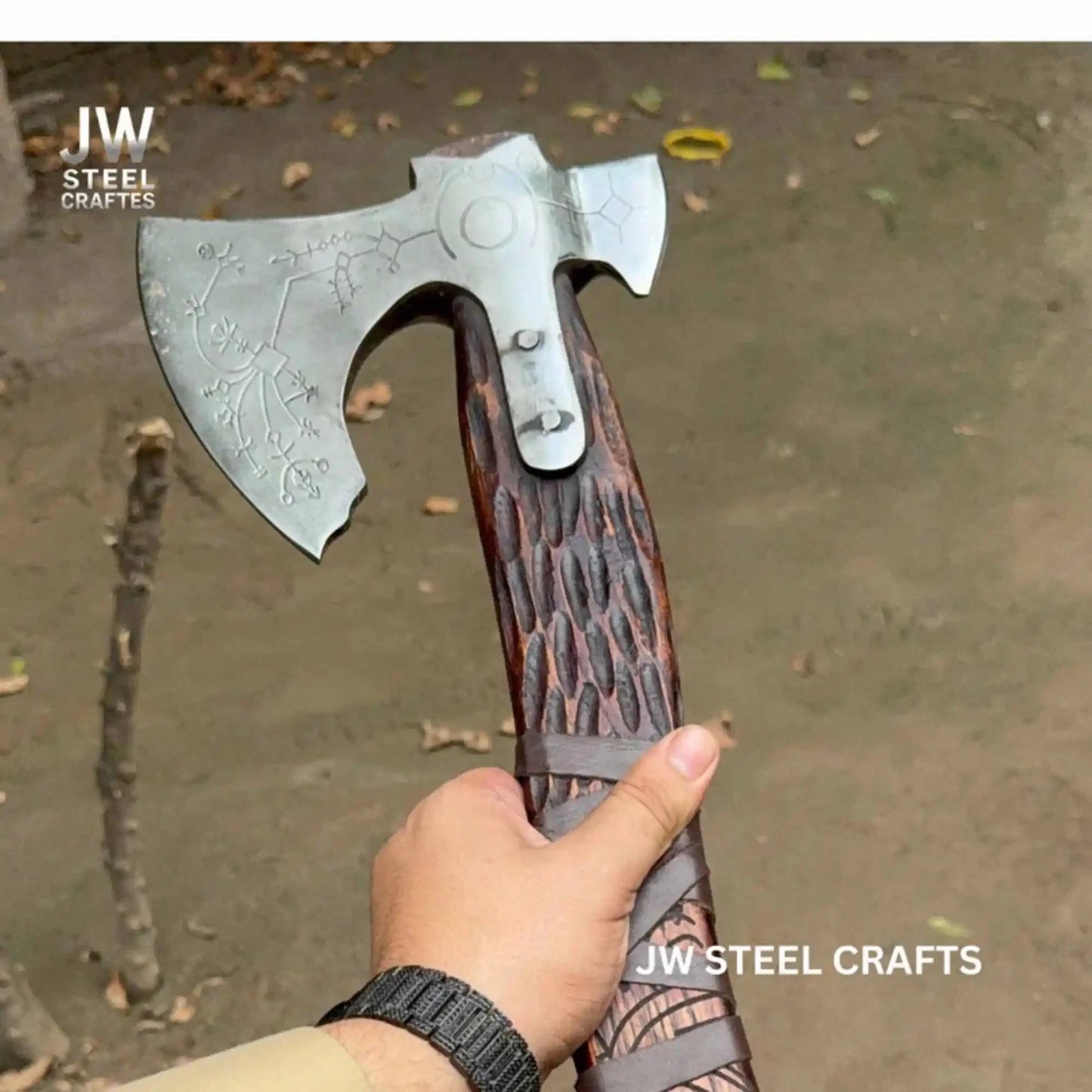 Hand Forged Viking Double-Bit Carbon Steel Axe with Norse Rune Etching and Engraved Hardwood Handle