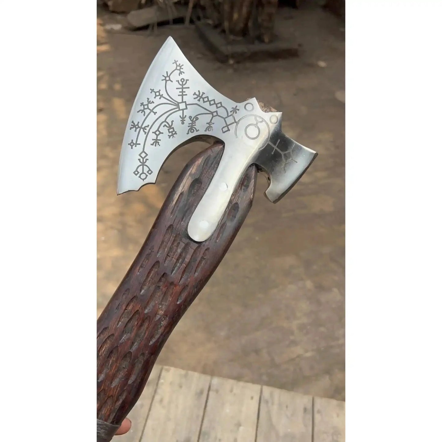 Hand Forged Viking Double-Bit Carbon Steel Axe with Norse Rune Etching and Engraved Hardwood Handle
