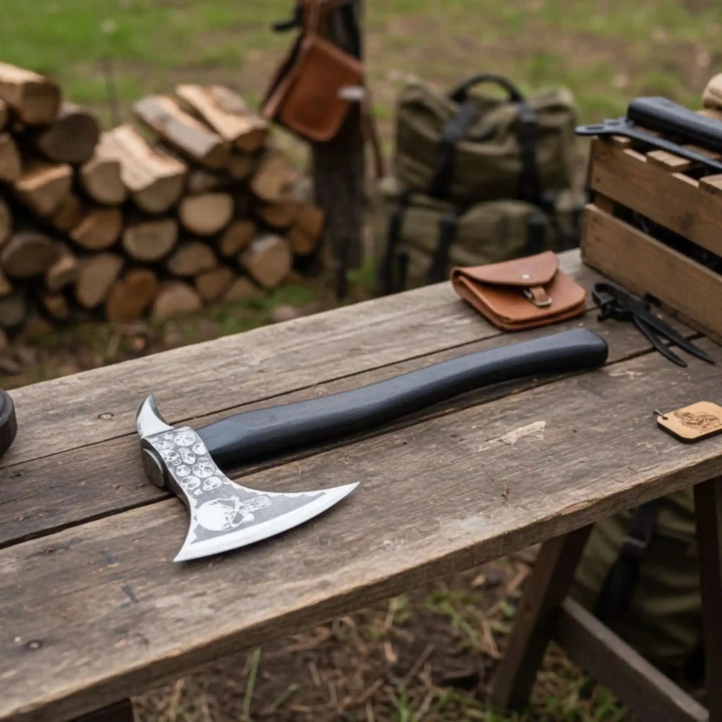 Hand-finished Bearded Axe – Detailed Etched Steel Head with Minimalist Black Handle