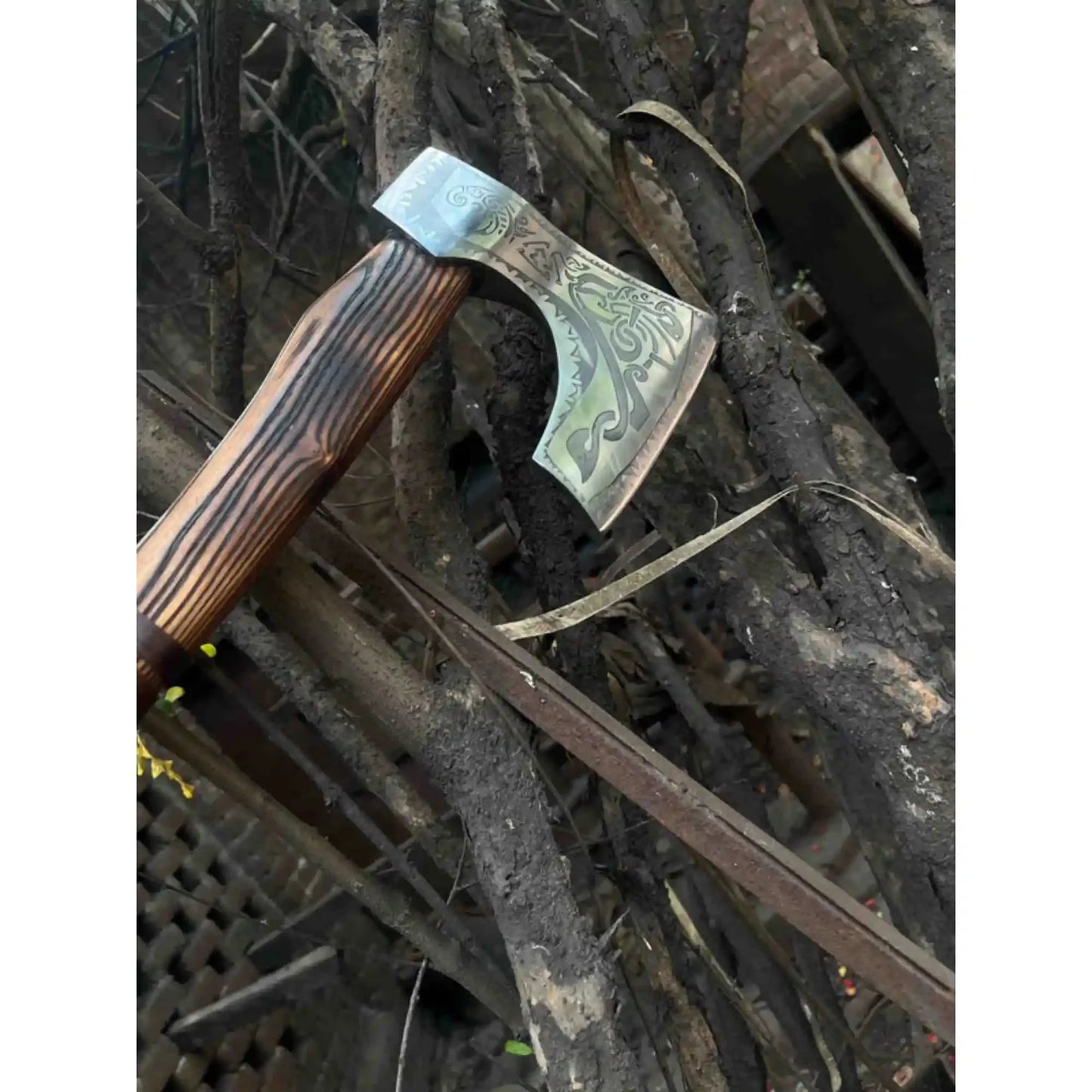 Hand Forged Carbon Steel Viking Axe with Carved Ash Wood Handle and Leather Grip