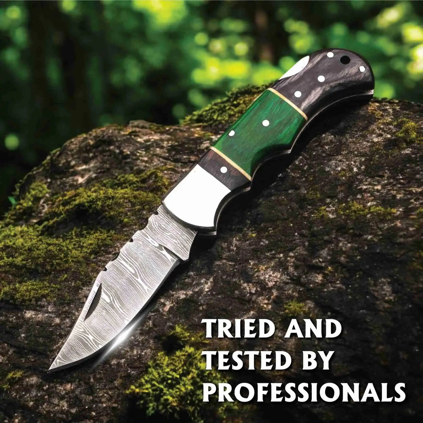 Hand Forged Damascus Steel Folding Knife – Pakka Wood Handle with Leather Sheath