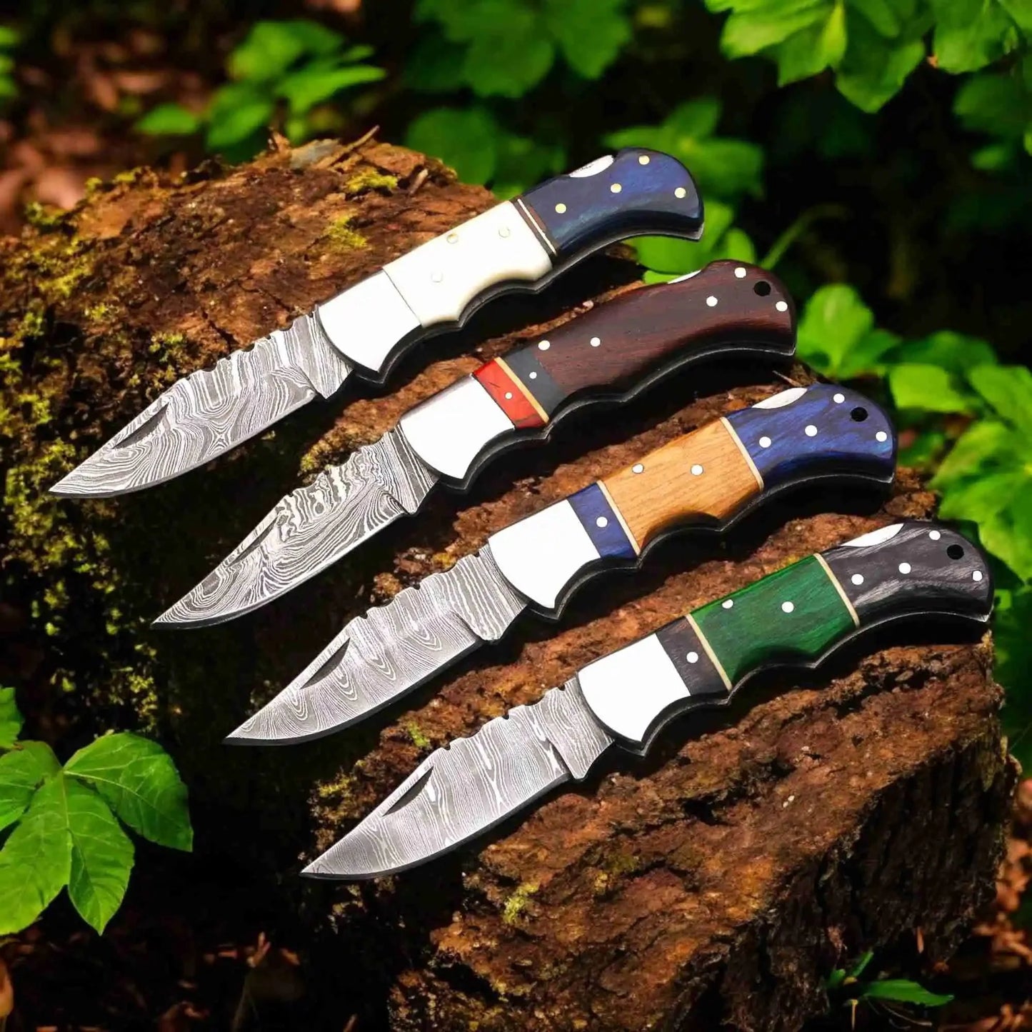 Hand Forged Damascus Steel Folding Knife – Pakka Wood Handle with Leather Sheath