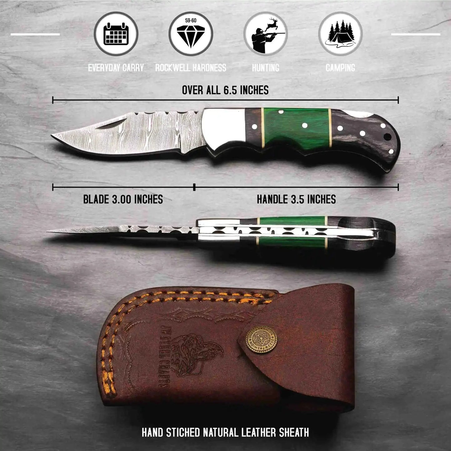 Hand Forged Damascus Steel Folding Knife – Pakka Wood Handle with Leather Sheath