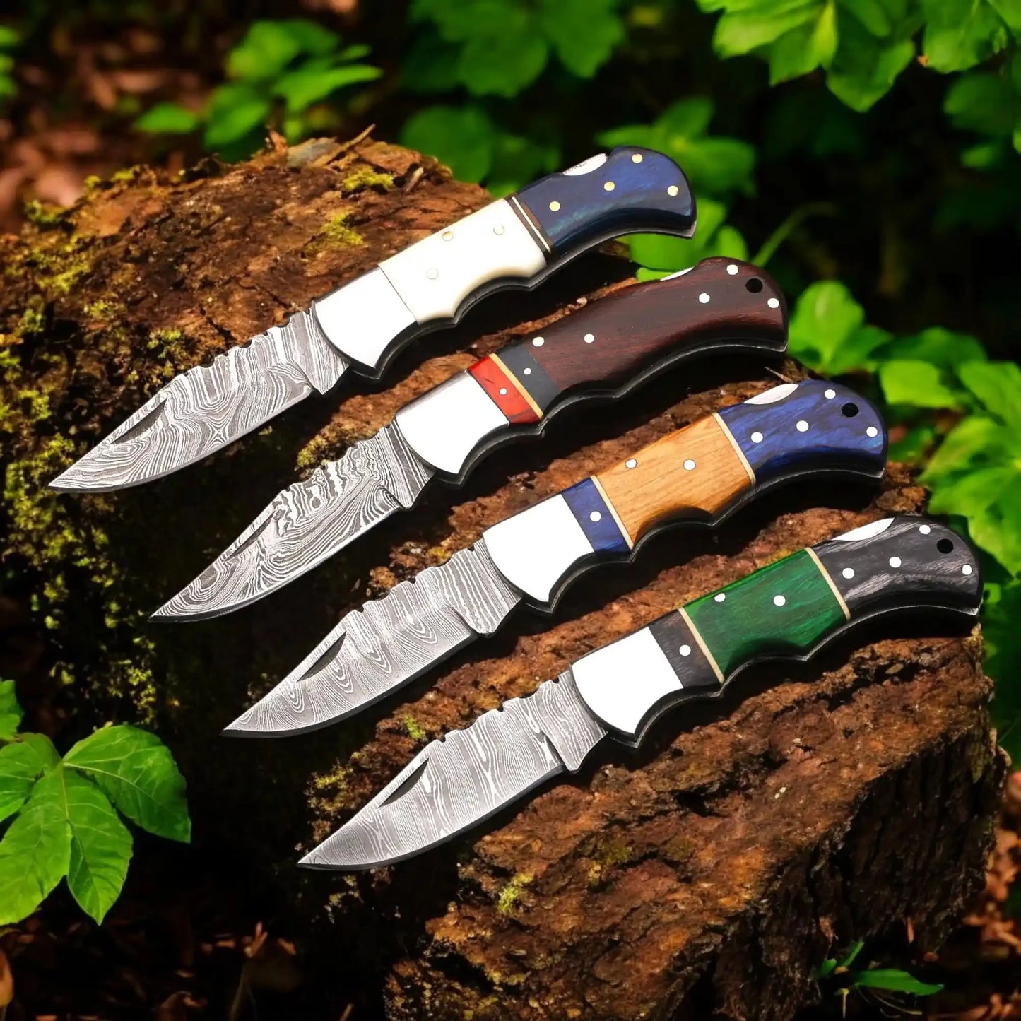 Hand Forged Damascus Steel Folding Knife – Pakka Wood Handle with Leather Sheath